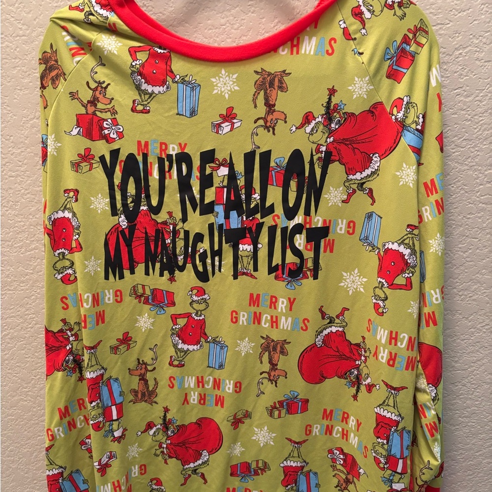 Dr. Seuss Grinch Christmas Unisex Adult Long Sleeved Shirt - Green and Red